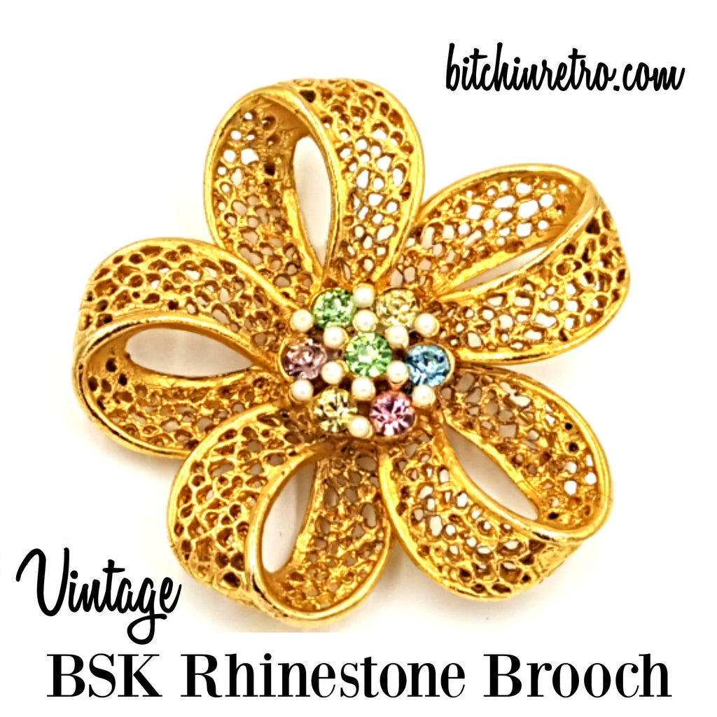 BSK Vintage Filigree Brooch with Pastel Rhinestones and Faux Pearls
